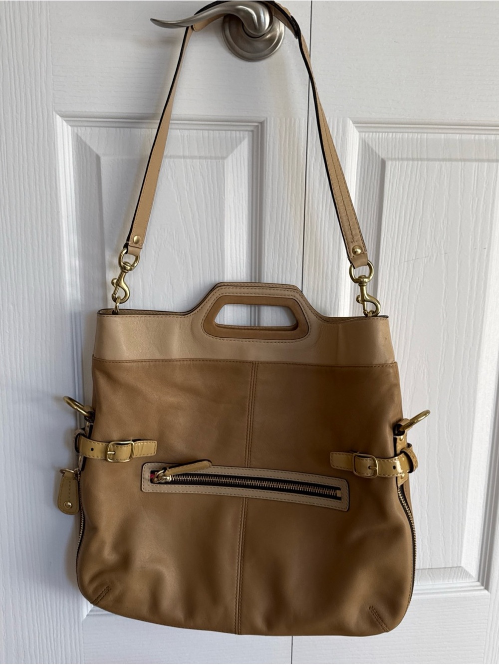 COACH Bonnie Leather Convertible Crossbody Foldover Top Handle Satchel Beige